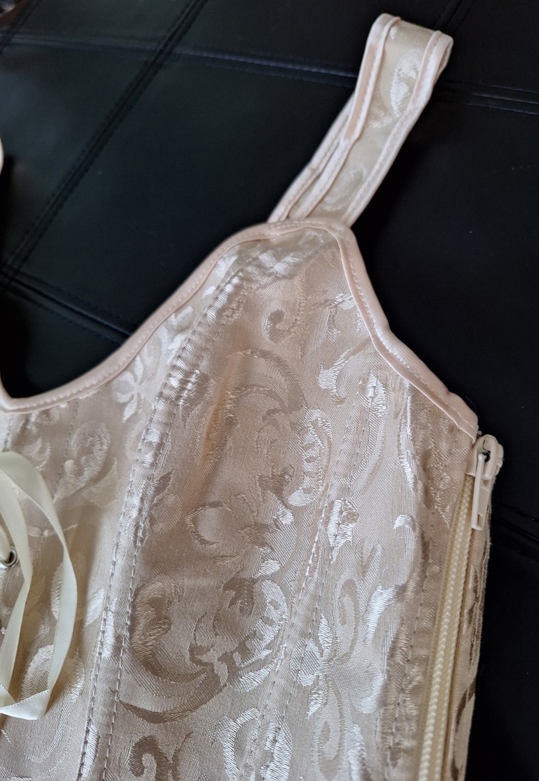 NEW Beige Satin Jacquard Strap Bustier Ribbon Lace up & Zipper Closure Corset L