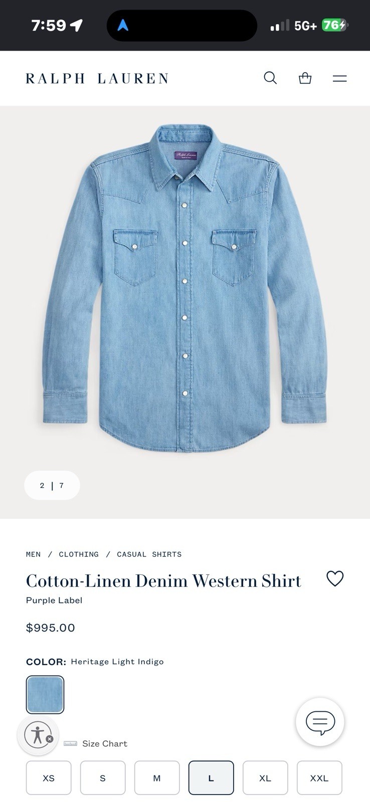 Ralph Lauren Purple Label Denim Western Shirt Size L — Mid Wash / Made In Italy