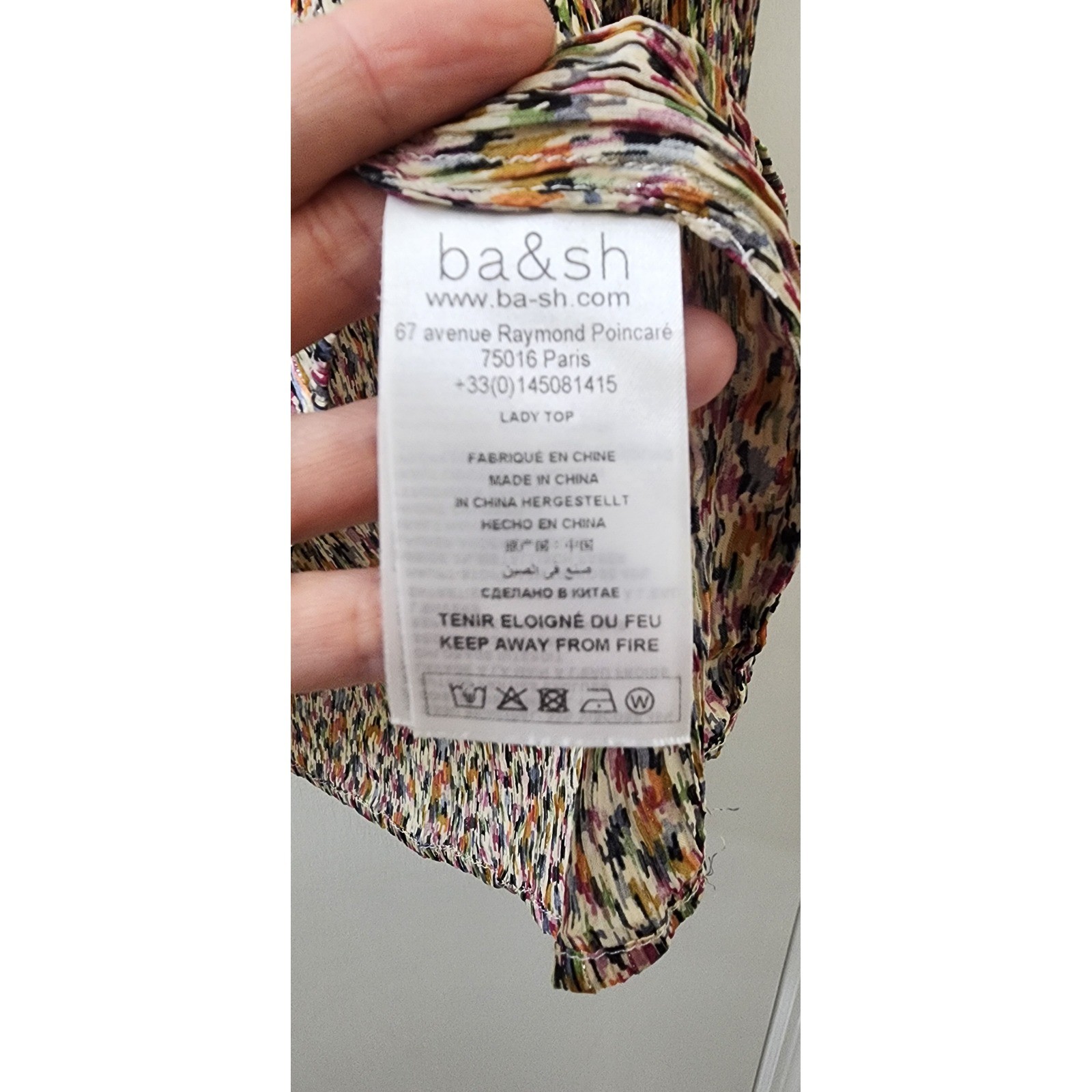 ba&sh Lady Top Multi Color Abstract Pleated Ruffle Neck Blouse Size 1 Small