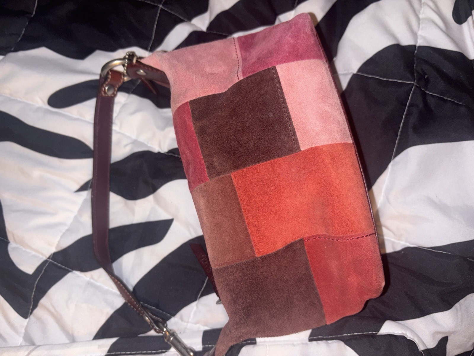 Coach patchwork shoulder bag, zip top, multicolor, silver hardware, charm