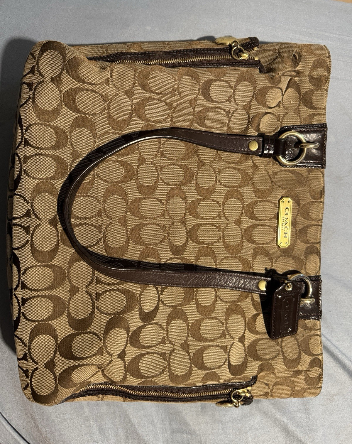 Coach Signature Logo Zip Tote Bag. Brown Tan Large Double Handles Gold HW.