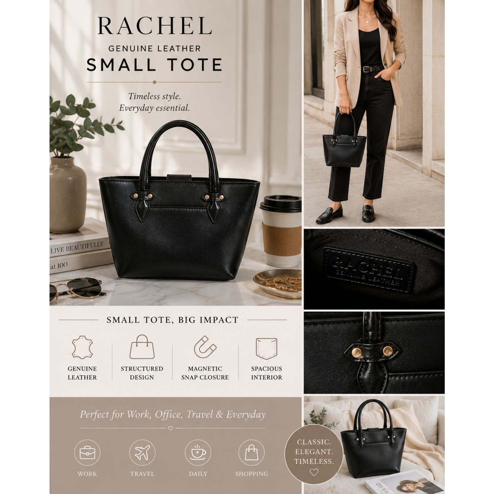 Rachel Genuine Leather Black Medium Tote Handbag Top Handle EUC