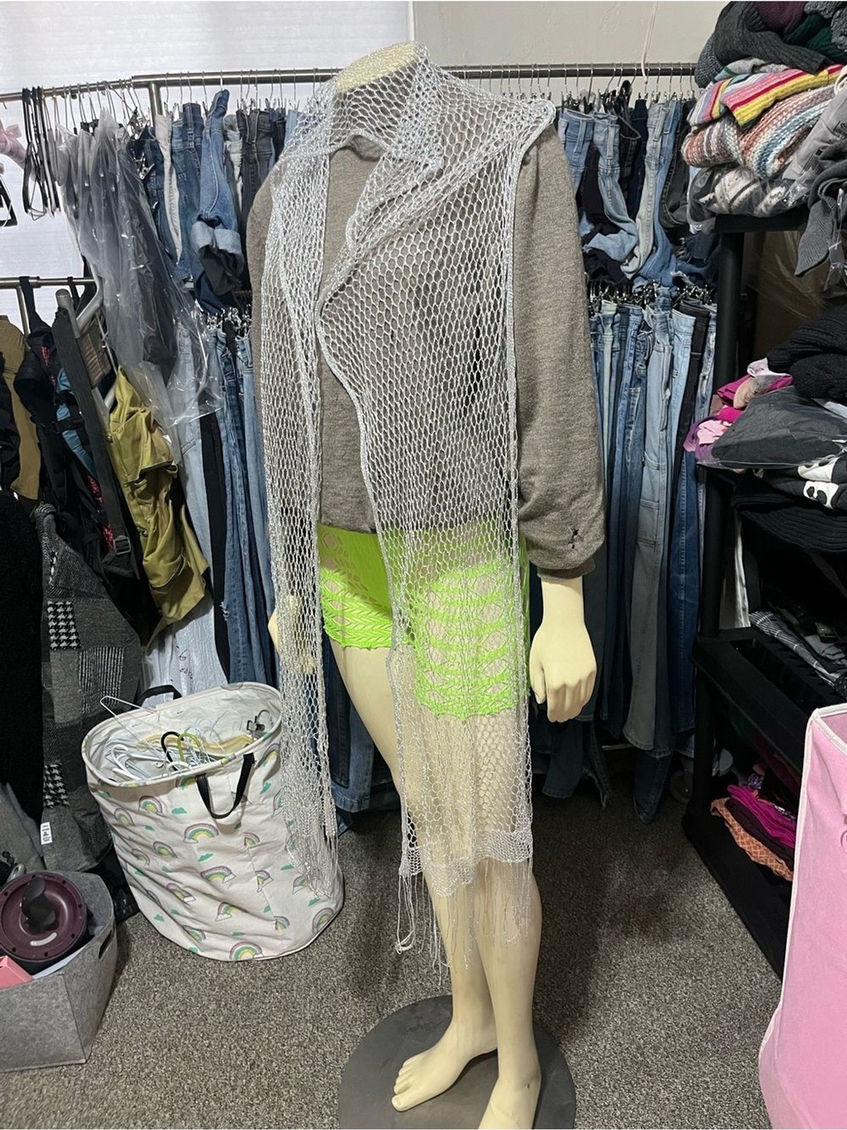 Delicate Silver Mesh Net Scarf – Lightweight Long with Fringe Sheer