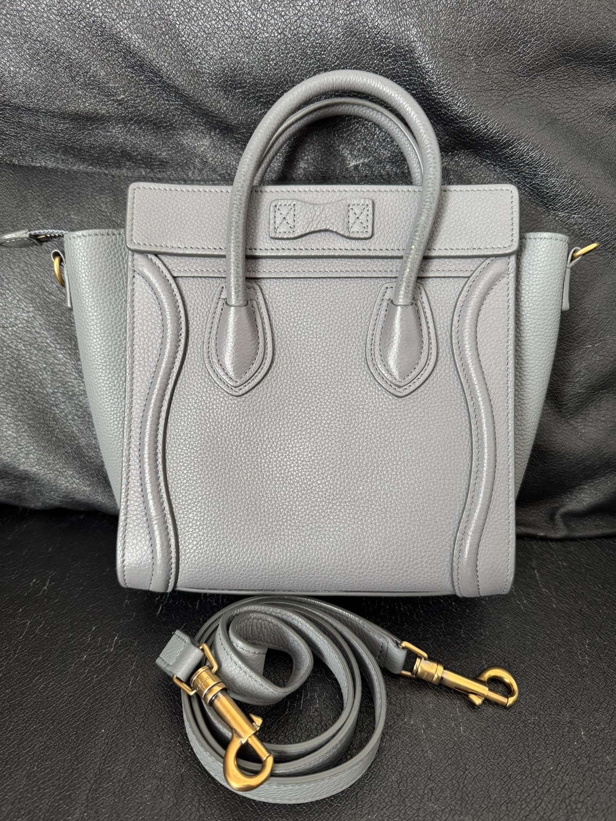 CELINE Luggage Nano Shopper Shoulder Bag Purse Handbag Calf Leather Grey Gold HW