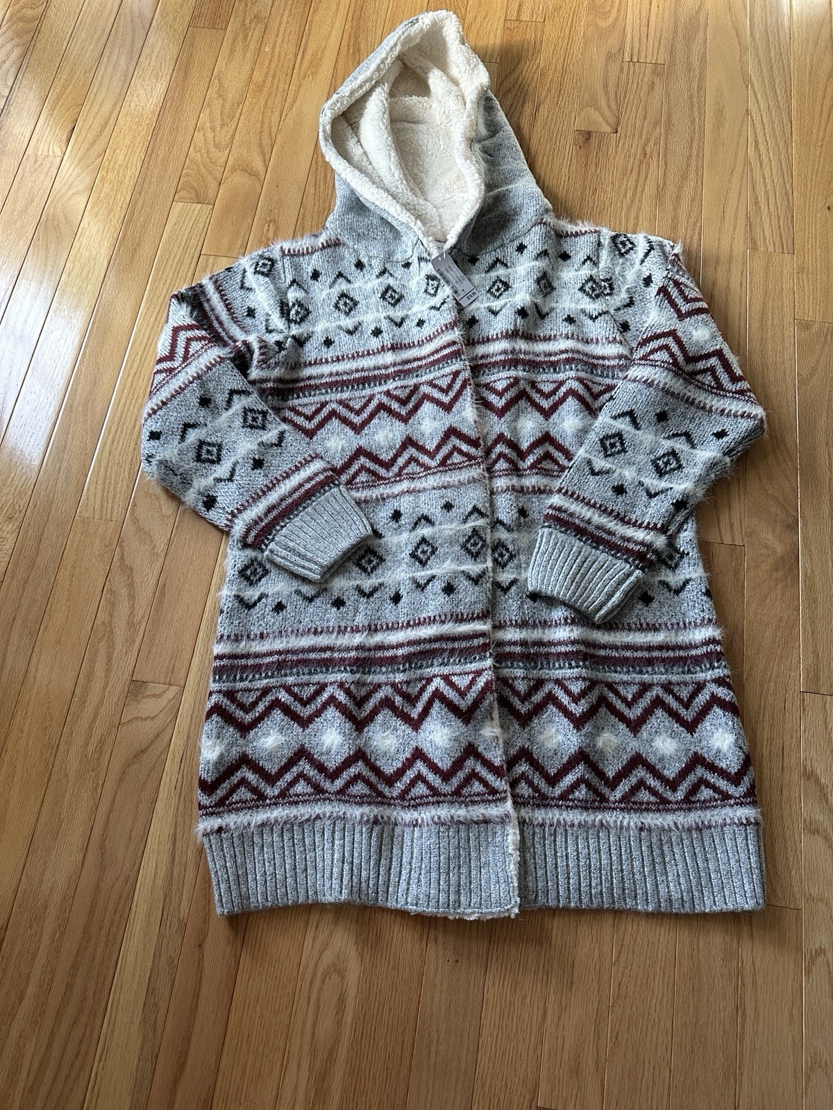 Christopher & Banks Gray Fair Isle Southwest Coatigan Sherpa Trim NWT M