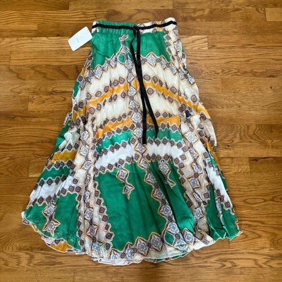 Green Patterned Maxi Skirt Elastic Waist Drawstring Bohemian Style Small