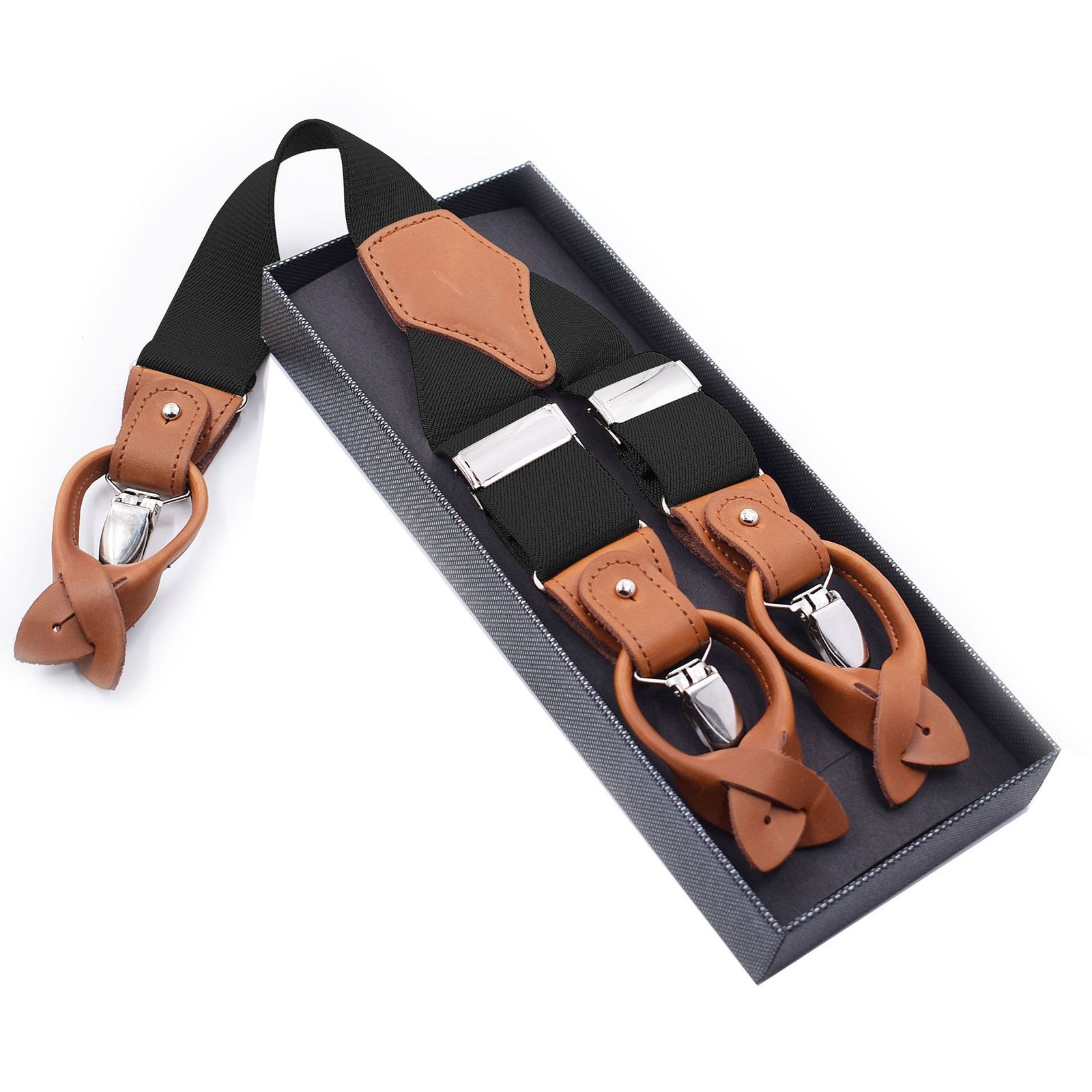 3.5cm Elasticated Braces 6-clip Brown Leather Adjustable Suspenders with Box