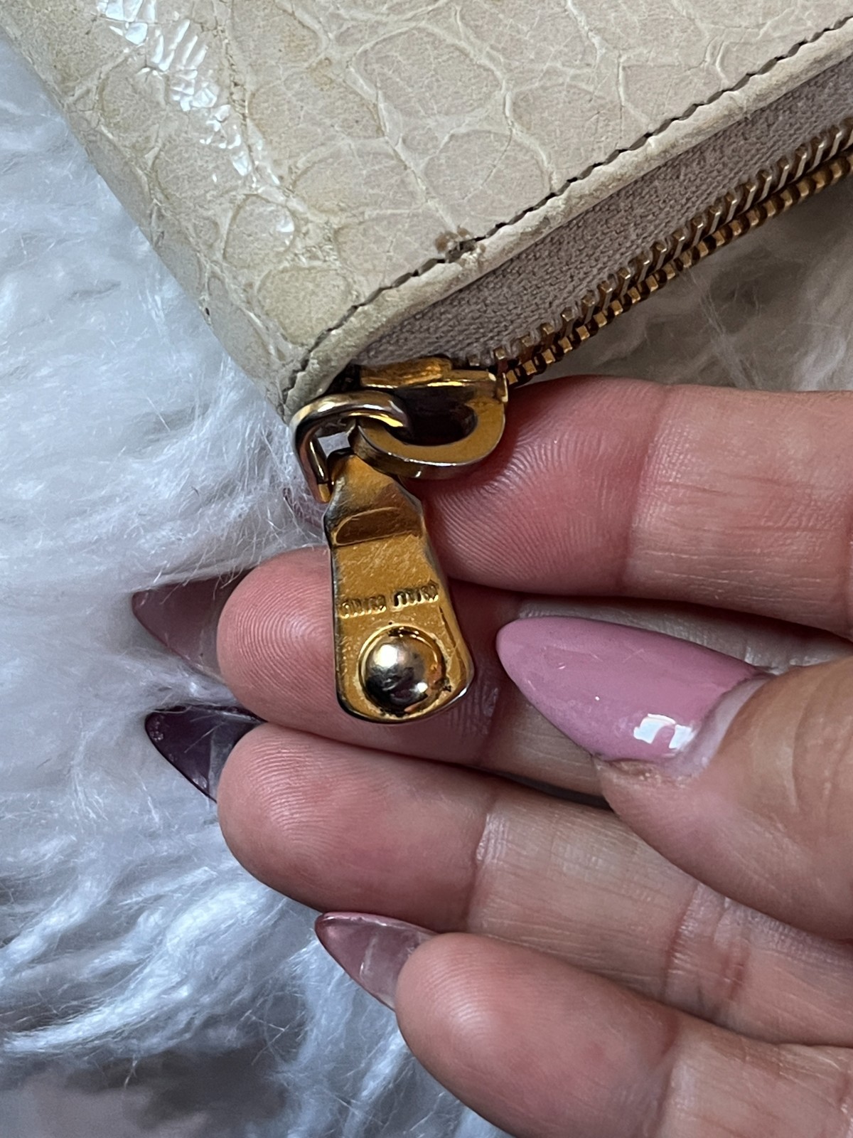Miu Miu Beige Croc Embossed Zip Clutch Wallet