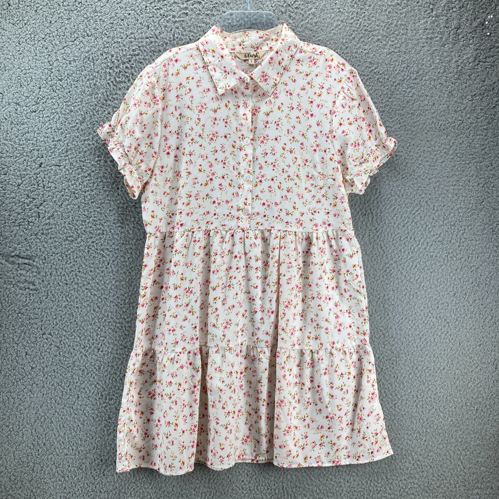 Hint Of Blush Floral Mini Dress L Short Sleeve Fit & Flare Collar Cottagecore