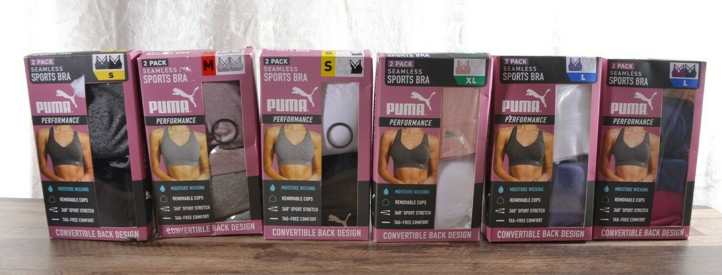 PUMA Performance 2-Pack Seamless Sports Bras Tag-Free S/M/L/XL Moisture Wicking