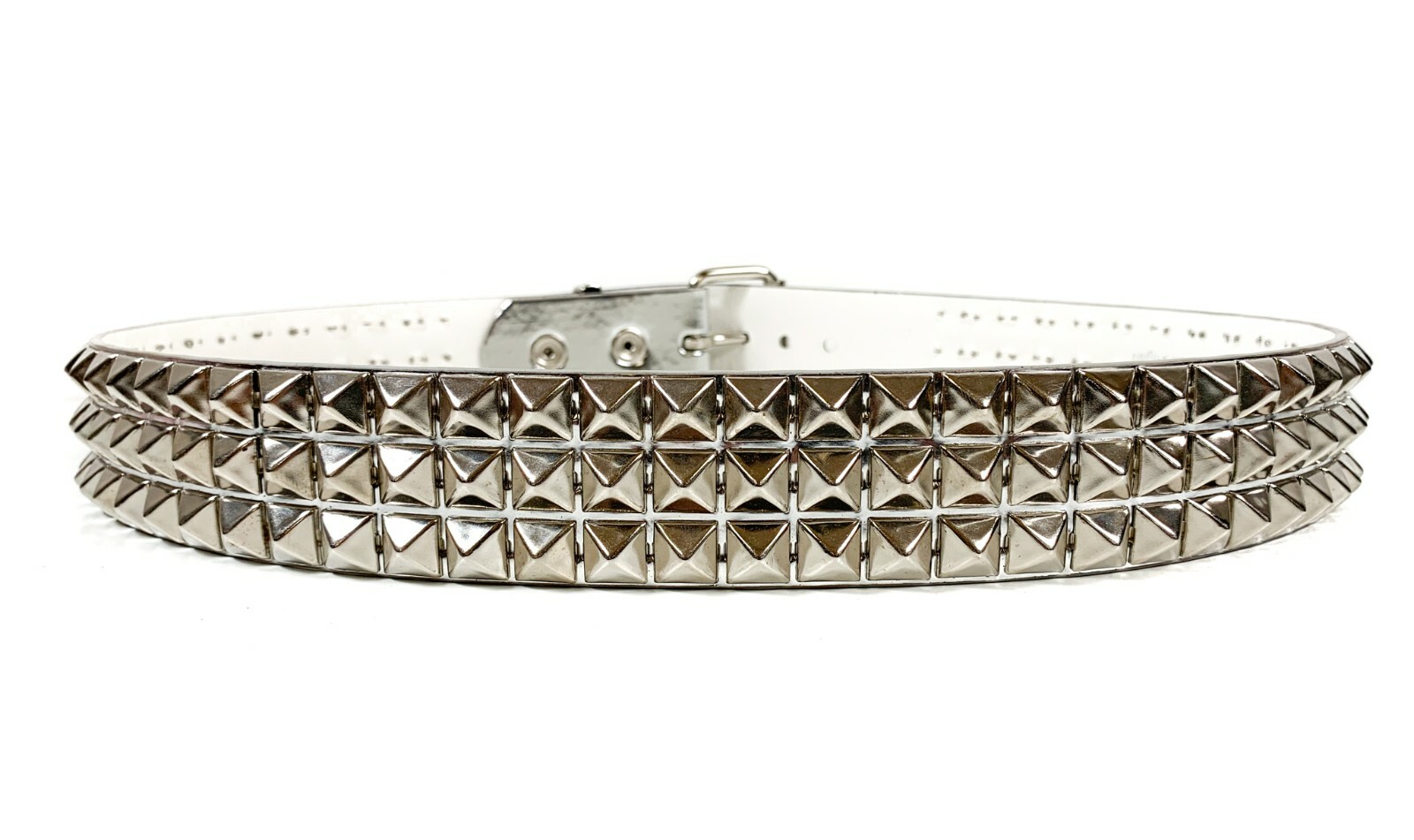 Silver Patent Three Row Pyramid Stud Belt Genuine Punk Goth Metal Funk Plus