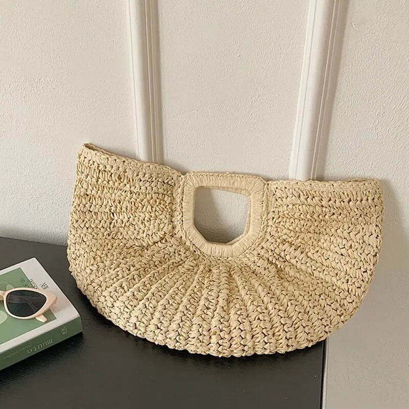 Women’s Half Moon Straw Tote Bag Handmade Rattan Beach Handbag