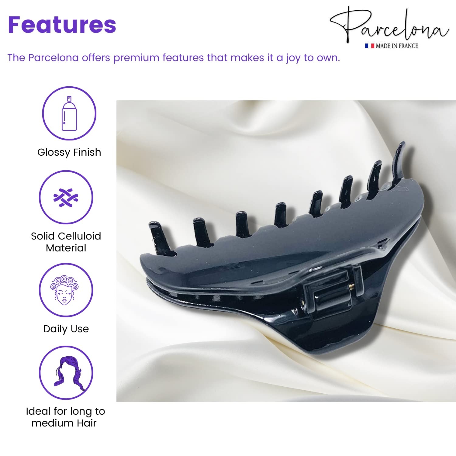 Parcelona French Boss Thin 3 1/2″ Medium Celluloid Jaw Hair Claw for Women