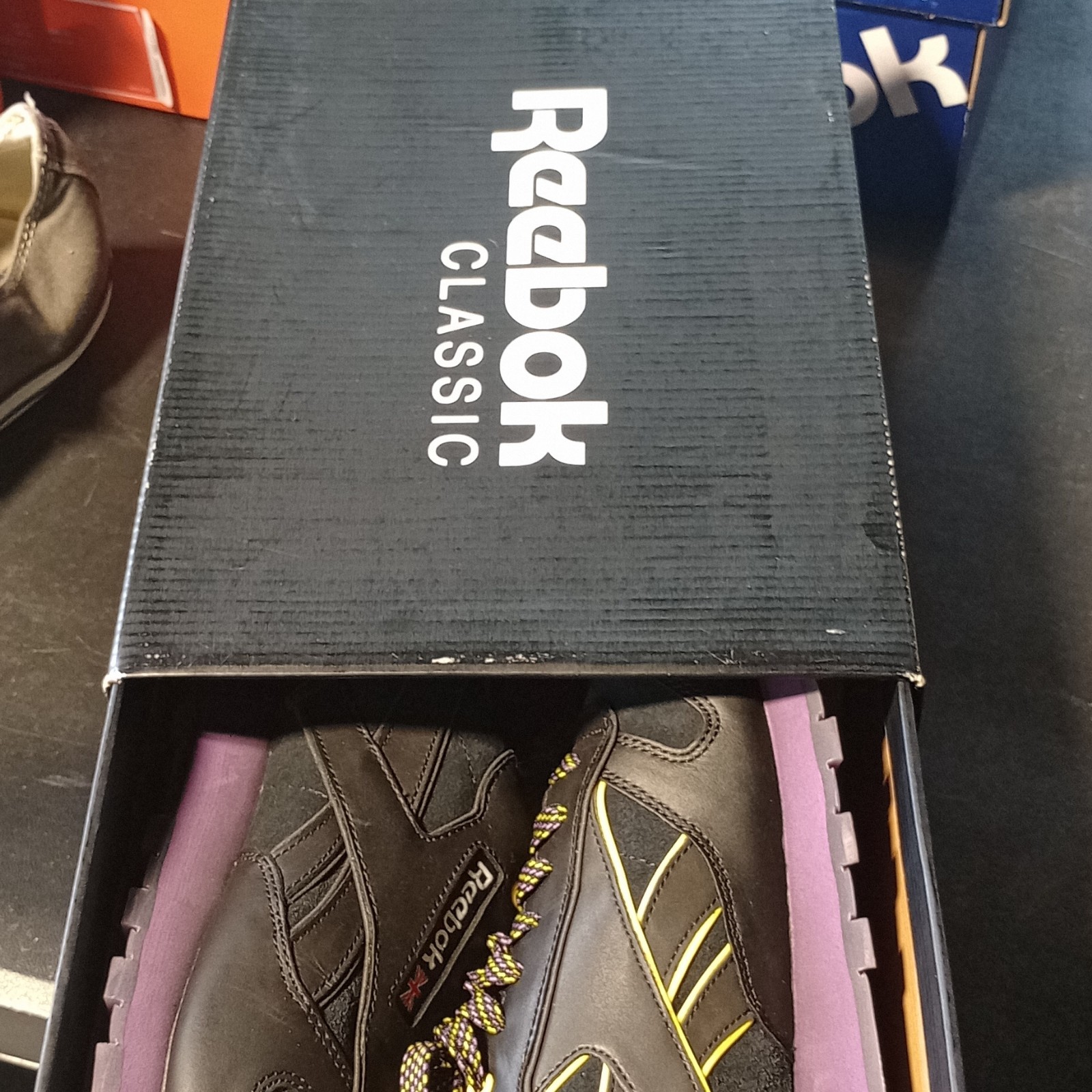 Reebok Classic Men’s Low Top Lace-Up Sneakers Black Purple Yellow Union Jack
