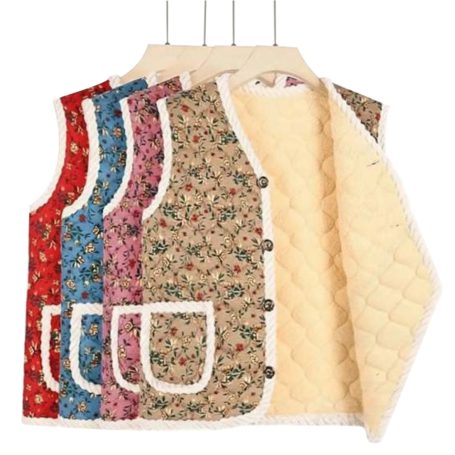 Korean Kimjang Vest, Retro Floral Quilted Design with Warm Fleece Lining