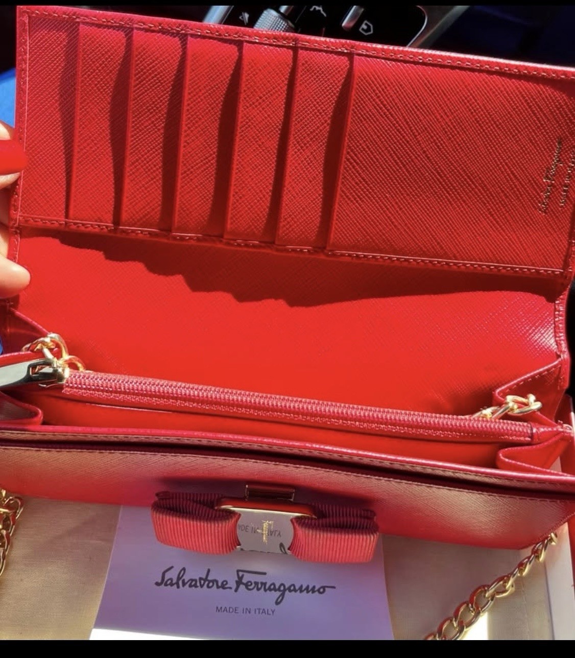 Salvatore Ferragamo Red Small Shoulder Bag Chain Strap Bow Logo Gold Hardware