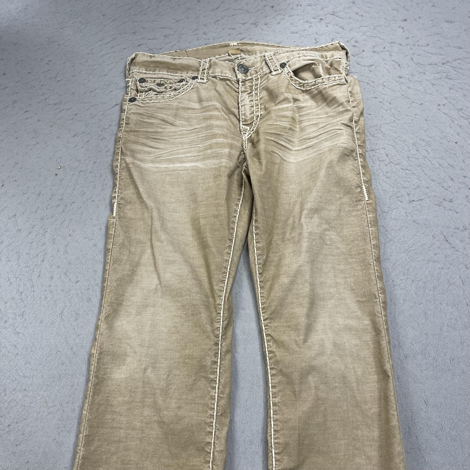 True Religion Ricky Jeans Mens 34×33 Beige Relaxed Straight Embroidered Denim
