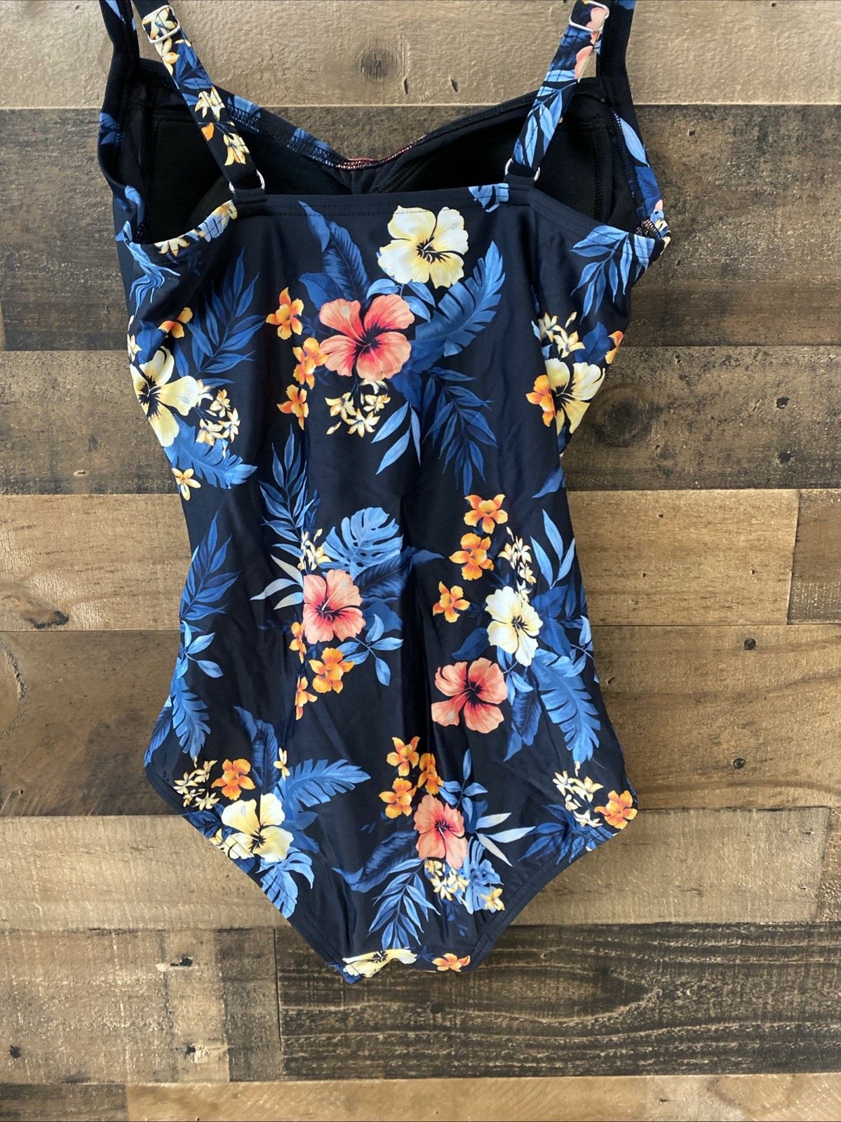Lands’ End Ruched Sweetheart One Piece Swimsuit Black Tropical Size S 6-8 New