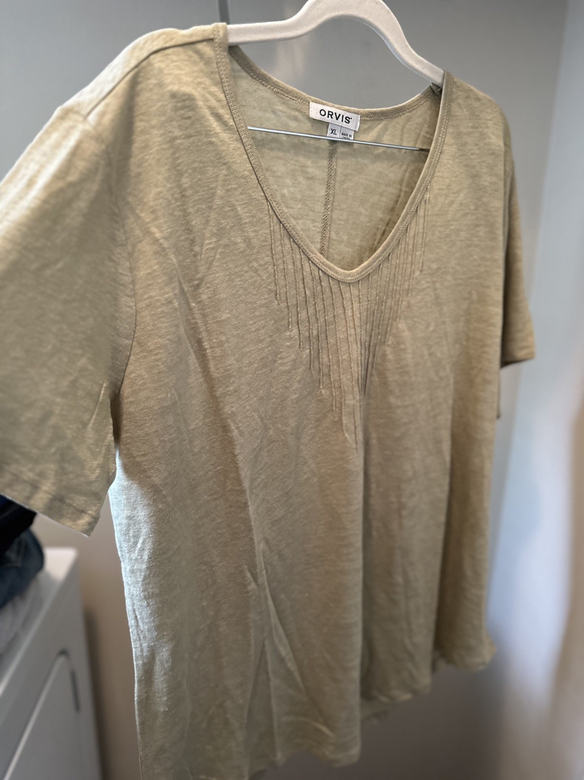 Orvis Linen Minimalist Green Pintuck Womens Short Sleeve Top XL Granola Coastal