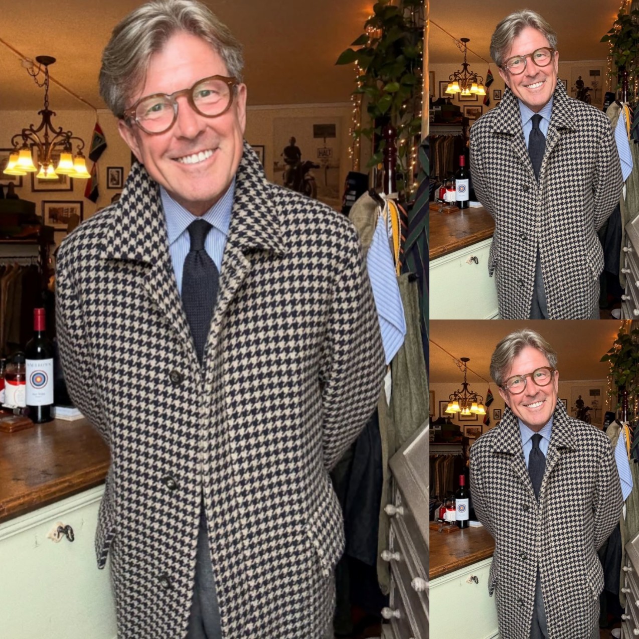 Houndstooth Men’s Overcoat Vintage Wool Blend Business Blazer Long Jacket Coat