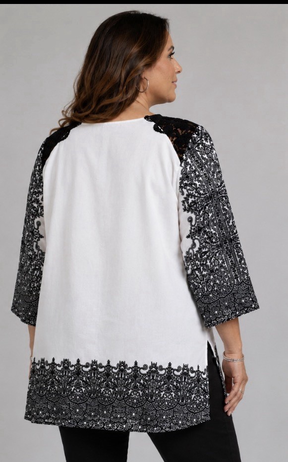 Ali Miles XL Black White Lace Print Tunic Top Bell Sleeve Slit Cuff Boho Chic