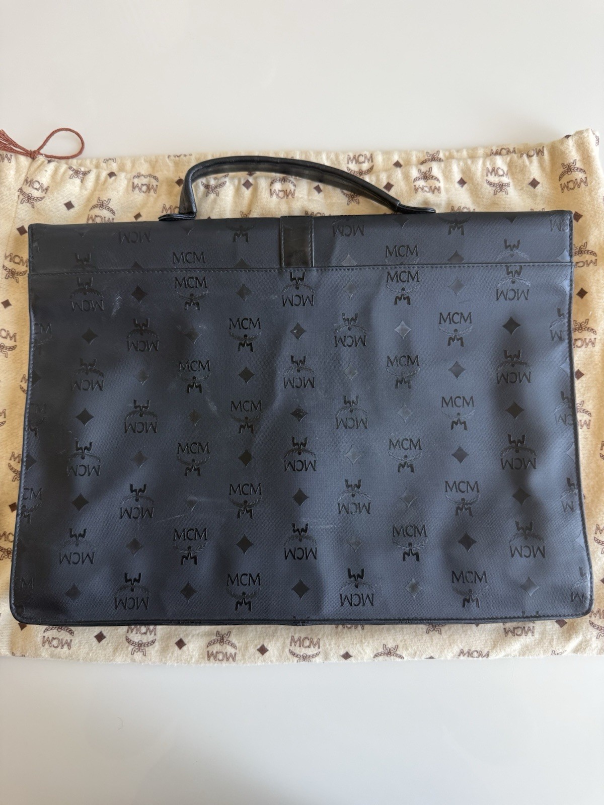 MCM Black Logo Briefcase/Document Case Top Handle Push Lock Zip, Inner Pockets
