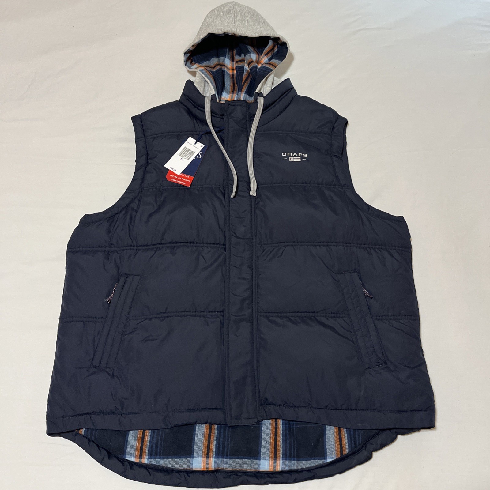 Chaps Men’s Hooded Puffer Vest Plaid Flannel Lining NWT Navy Size XL