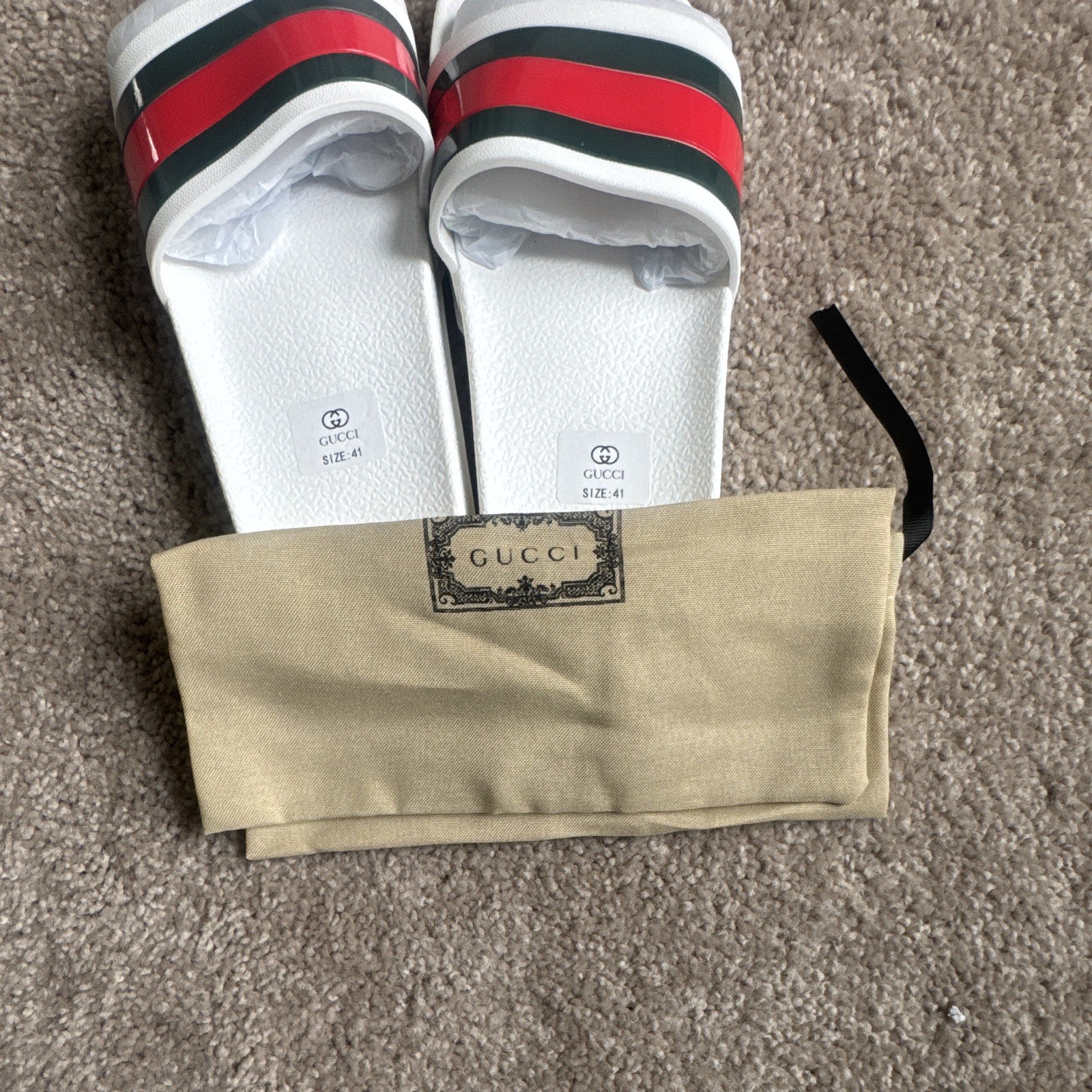 Gucci Logo Web Stripe Rubber Slide Sandals White/Red/Green Men’s US 8 EU41
