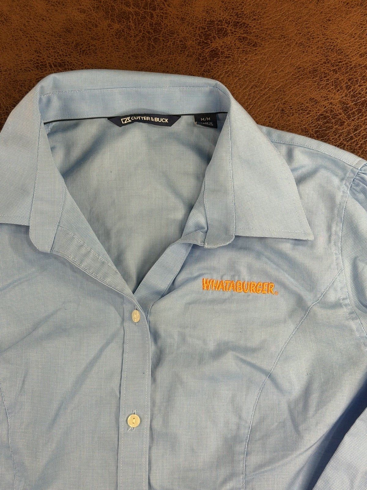 Whataburger Uniform Shirt Women’s Medium Cutter & Buck Light Blue Button Up Top