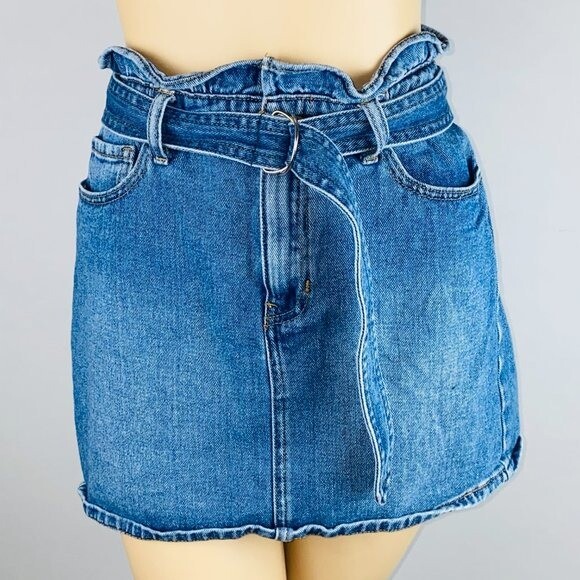 Pacsun Skirt Womens Paper Bag Ruffle Belted Pockets Blue Jean Skirt 28