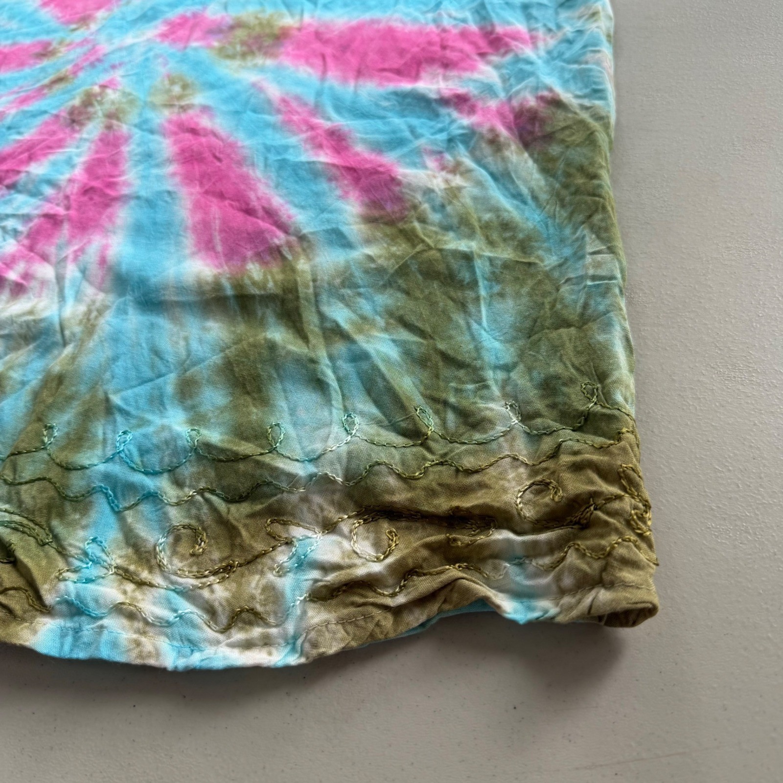 India Boutique One Size Pink Blue Green TieDye Embroider Halter Mini Dress Beach