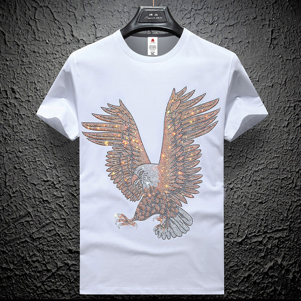 Men Fashion Diamonds T-Shirt Hawk Eagle 3D Rhinestones Hot Drill Short Sleeve