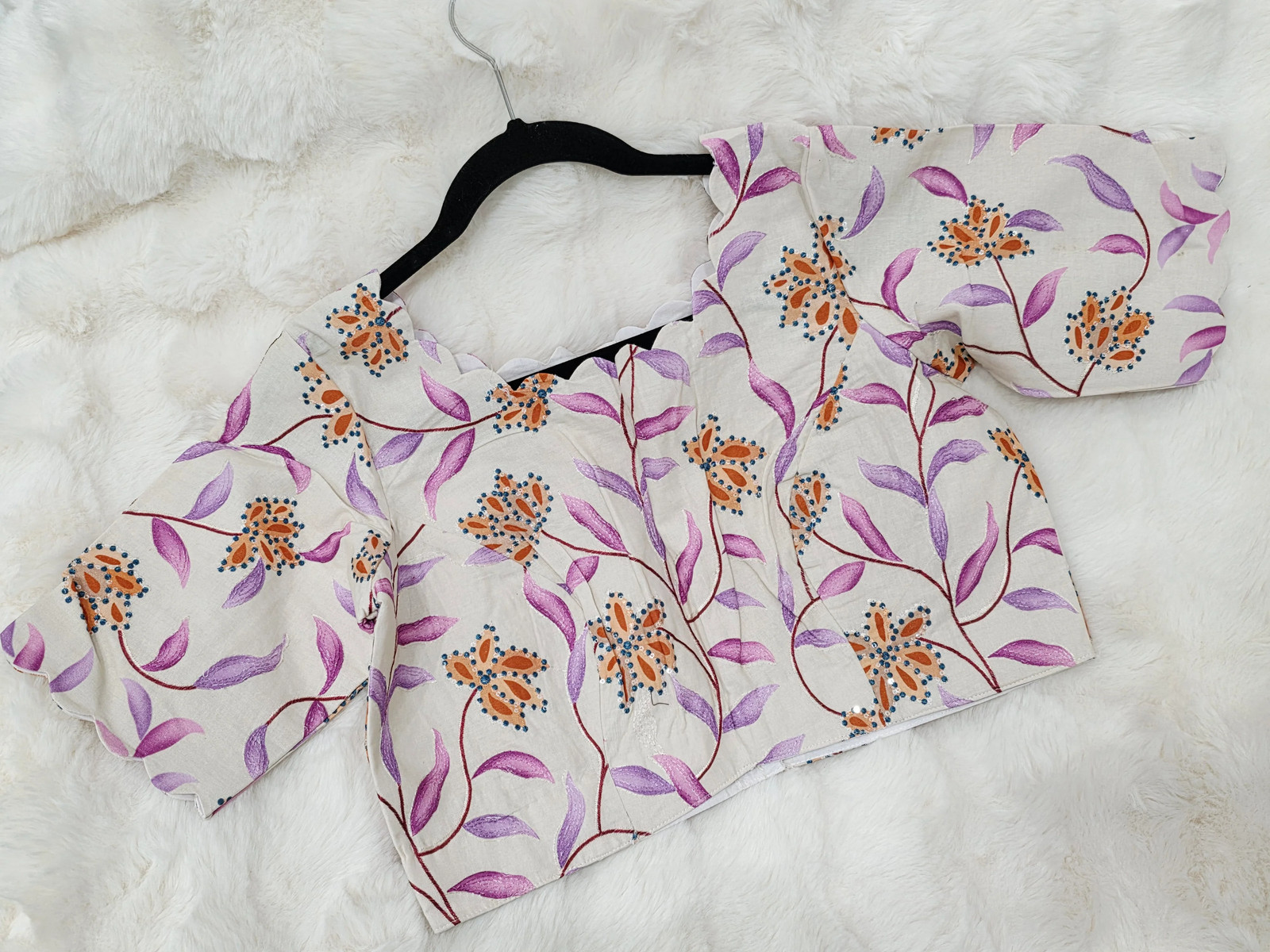 Ivory Pearl Mul Cotton Floral Print & Embroidery Designer Blouse