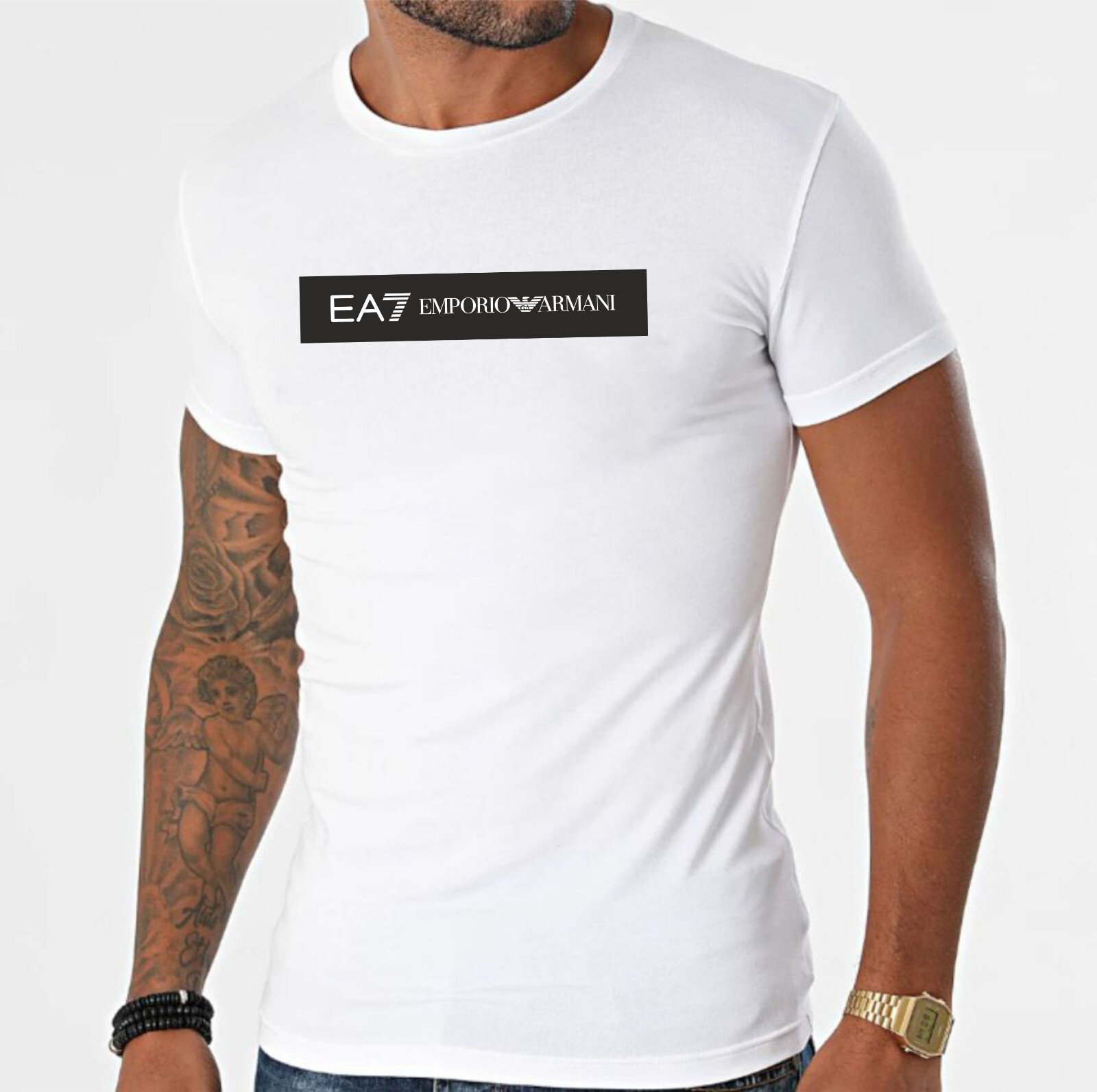 Emporio Armani White Men’s Cotton EA T-Shirt box logo Size M*L*XL*XXL*3XL