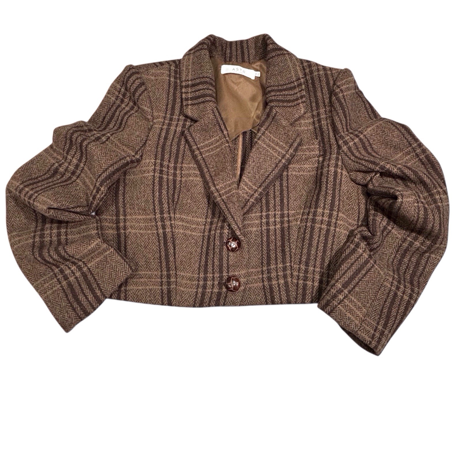 ASTR The Label Brina Cropped Blazer Women’s Medium Brown Black Herringbone Plaid