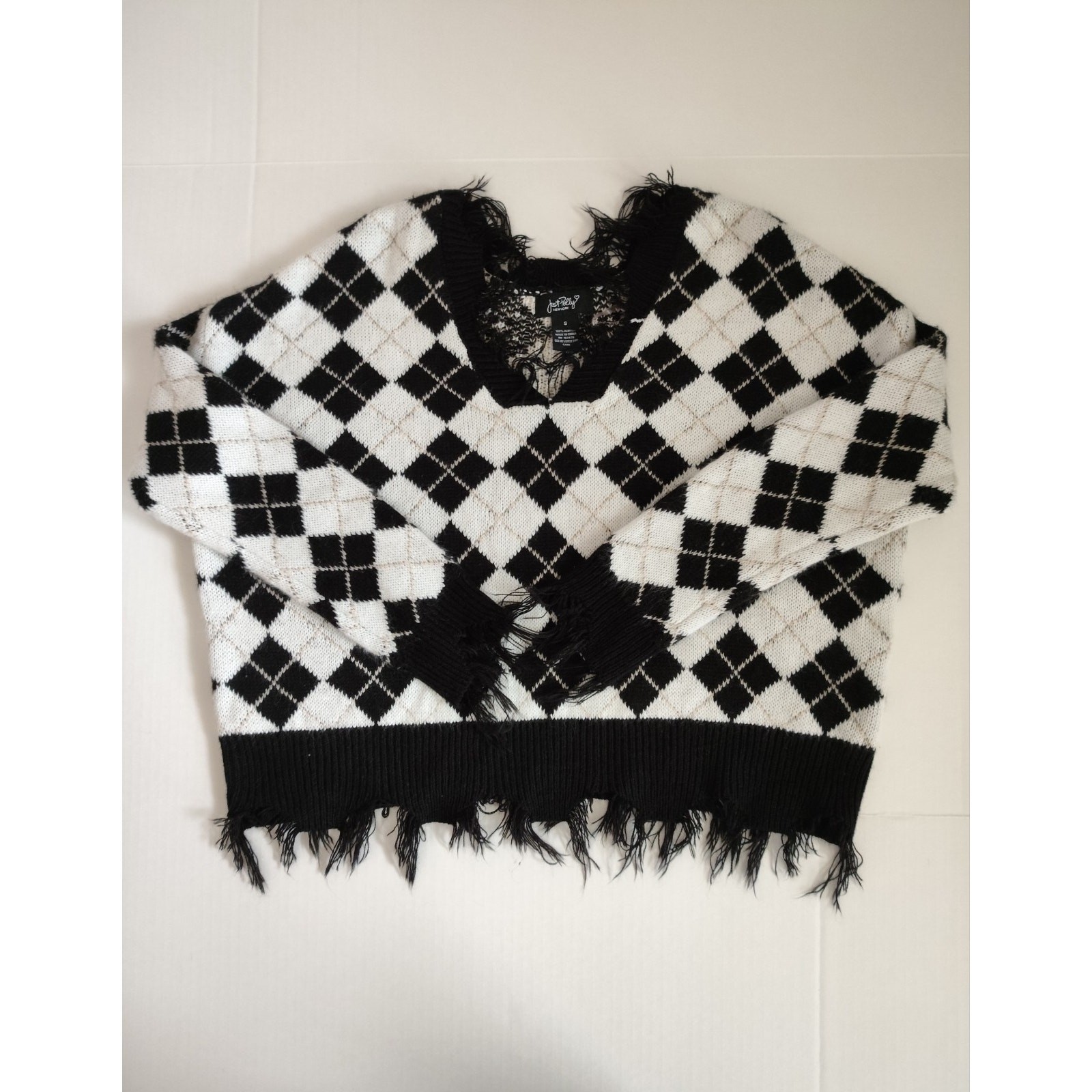 Copied – Just Polly New York Knit Argyle Cropped Fringe Sweater Women’s Size S