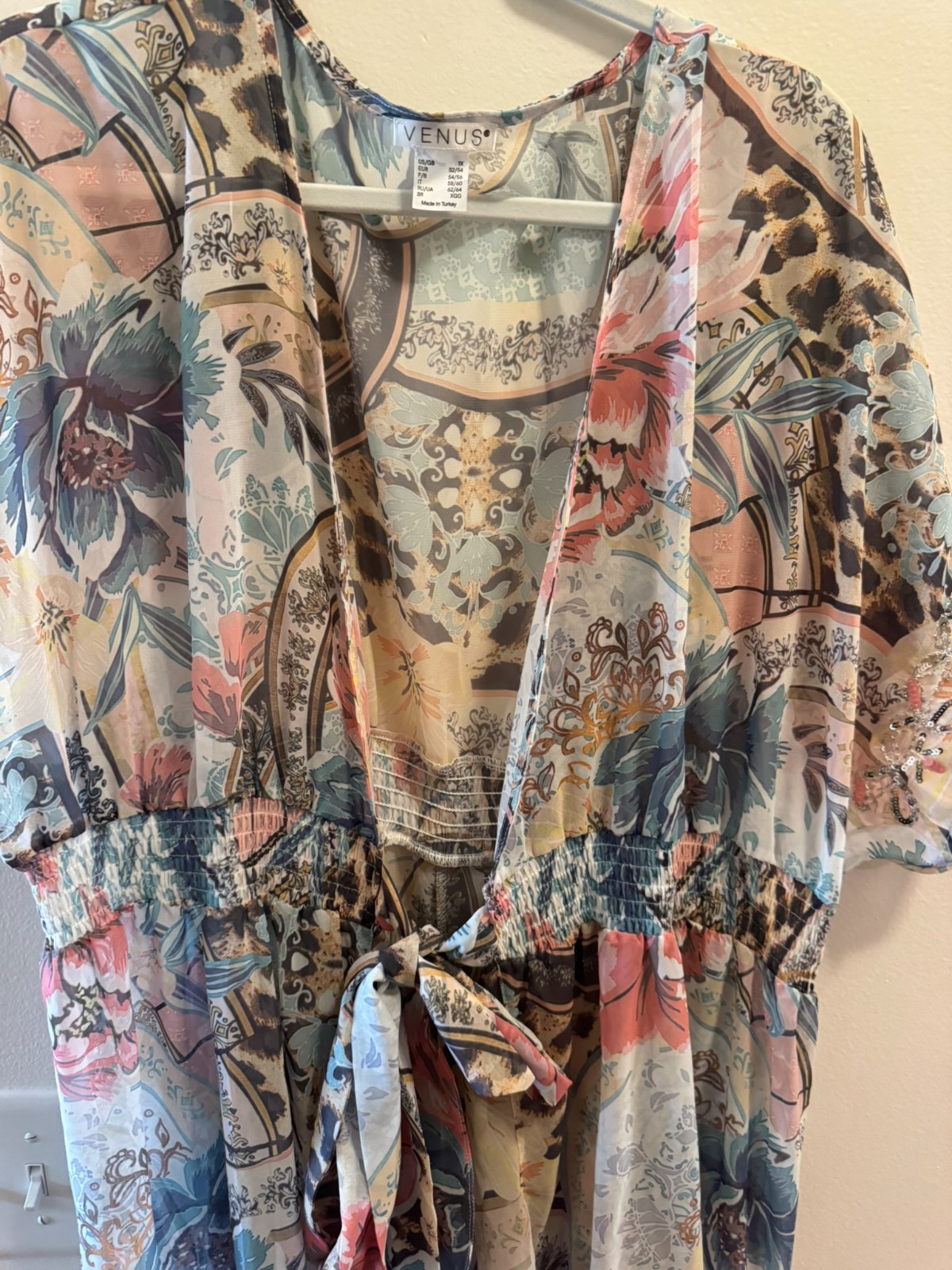 Venus 1X Multicolor Floral Paisley Sequin Kaftan Maxi Dress Duster Coverup Plus