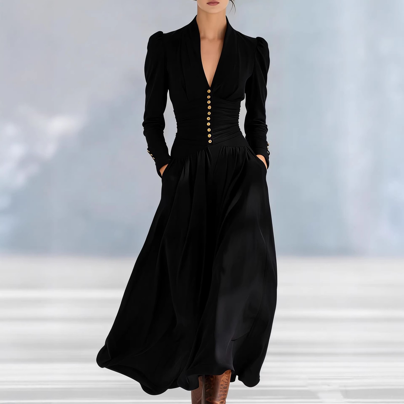Elegant V-Neck Satin Dress with Puffed Long Sleeves and High Waist Silhouette
