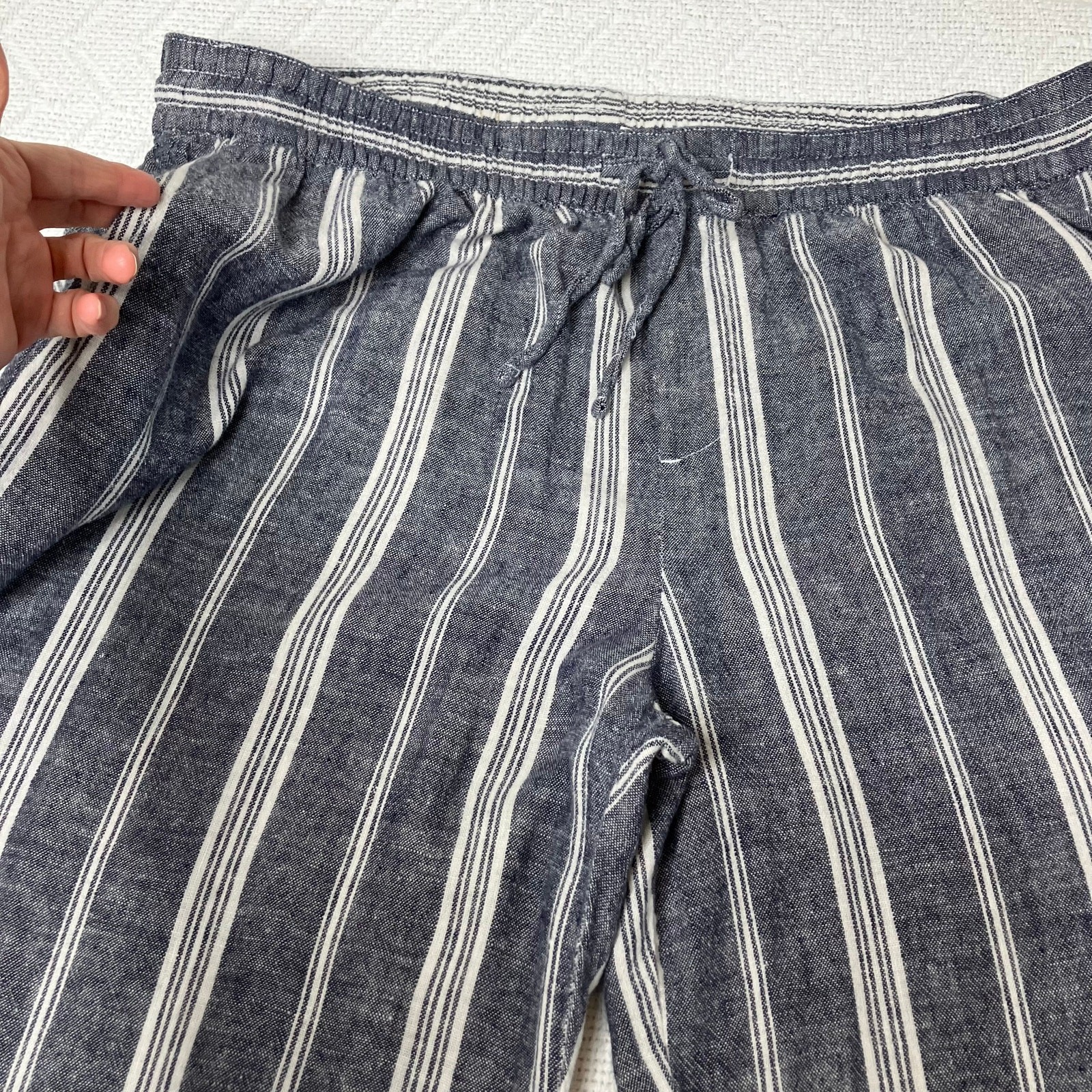 Old Navy Pants Womens Blue Stripe SZ XL Linen Blend Elastic & Tie Waist, Beachy