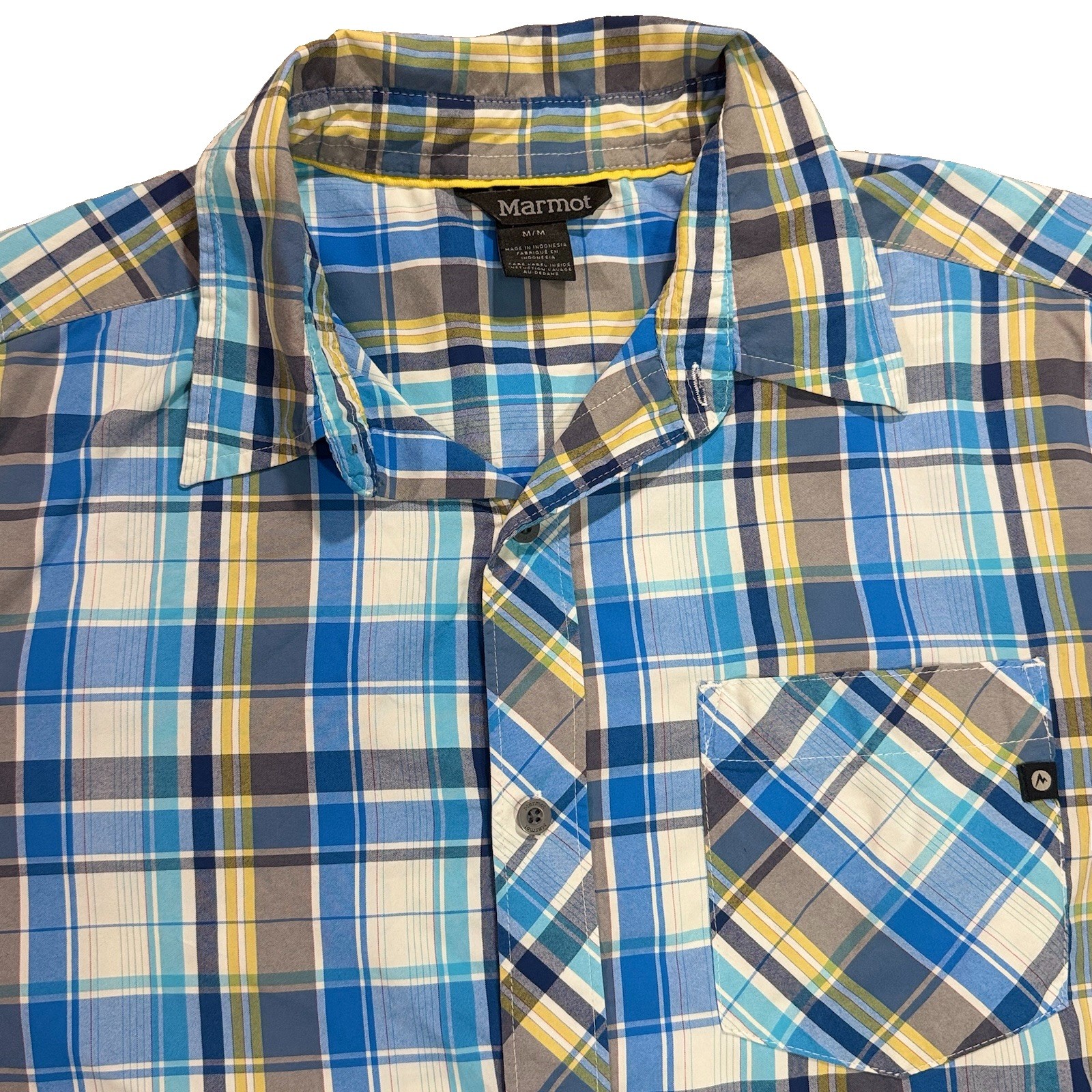 Marmot Men’s Medium Blue Plaid Short Sleeve Button Up Shirt Outdoor Hiking