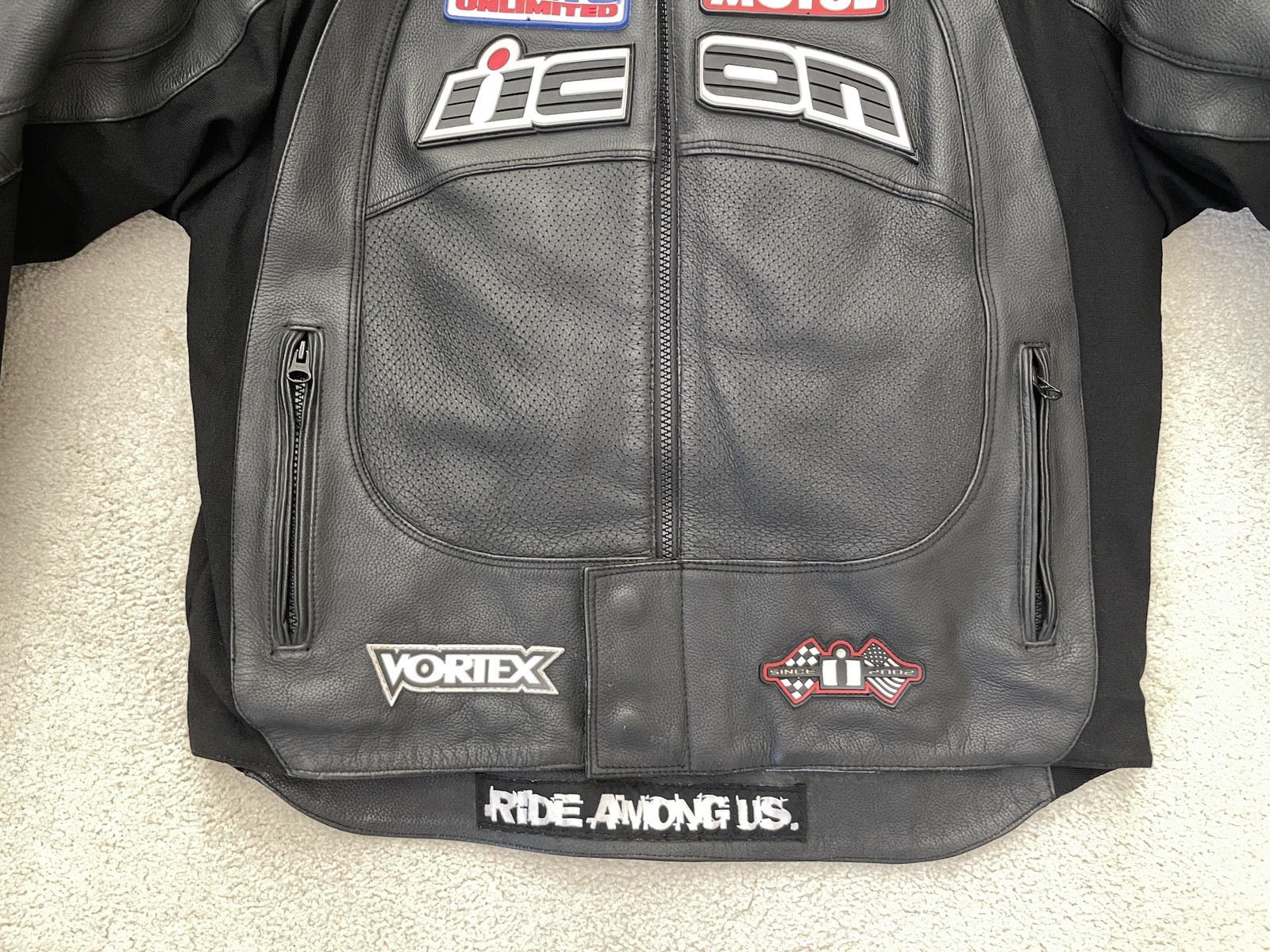 Icon Racing Logo Embroidered Black Leather Merc Hero Moto Jacket Mens Medium M