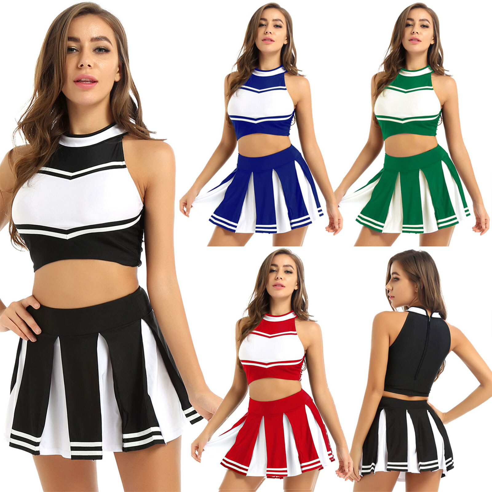 2Pcs Women‘s Cheerleadering Cosplay Uniform Sleeveless Tank with Mini Skirt