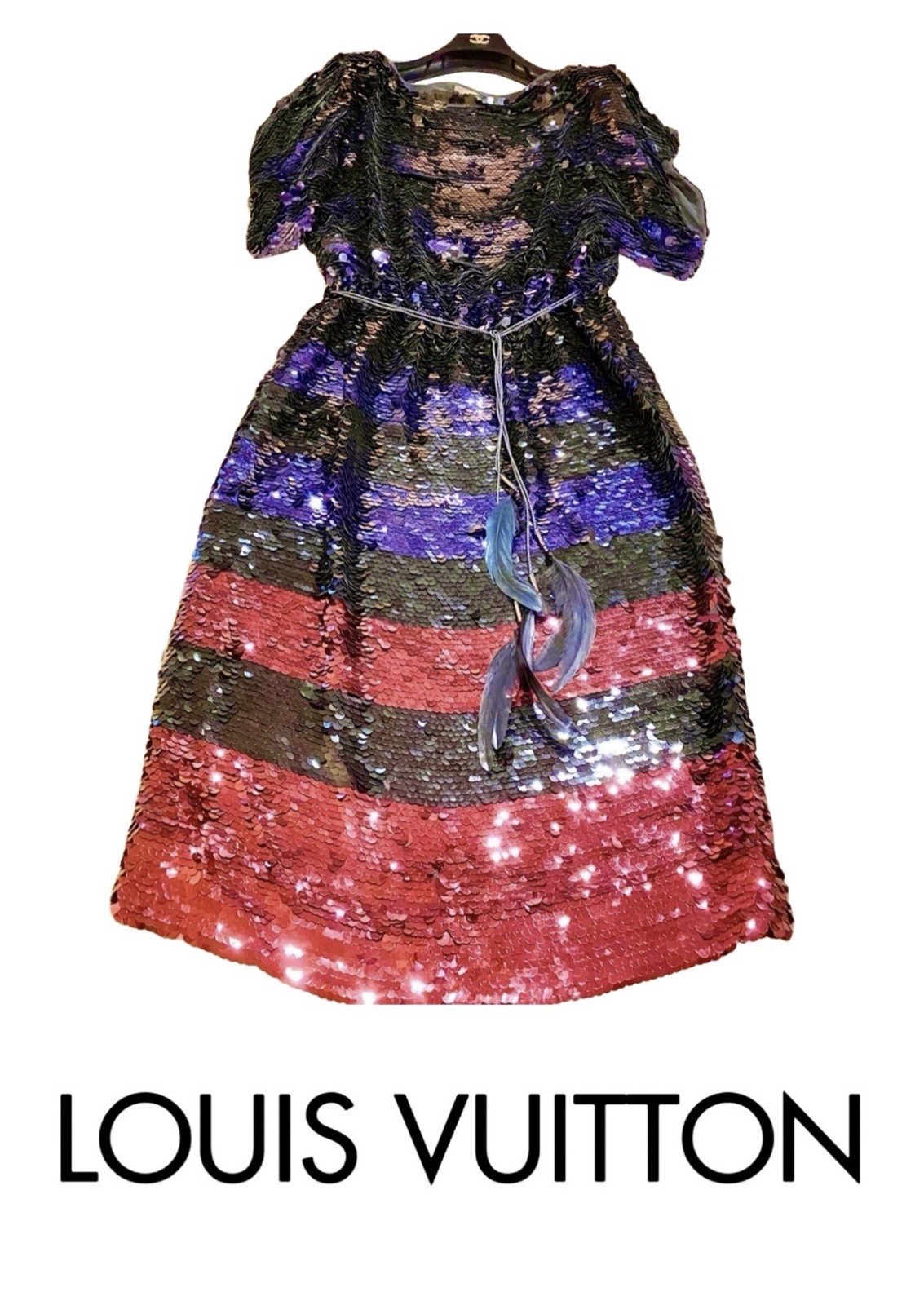 11K Louis Vuitton Red Sequin Stripe Party Dress Feather Belt Set 36 38 4 6 S M