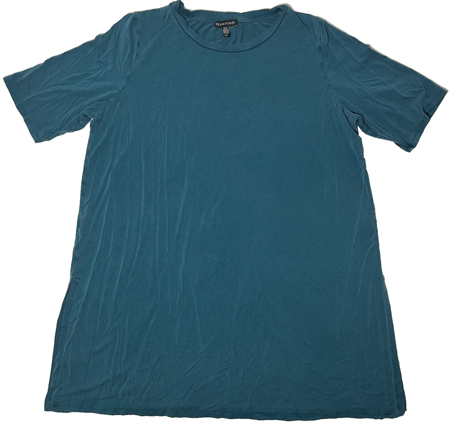 Eileen Fisher Tunic Shirt Teal Jersey Short Sleeve Comfy Crewneck Tencel Tee LG