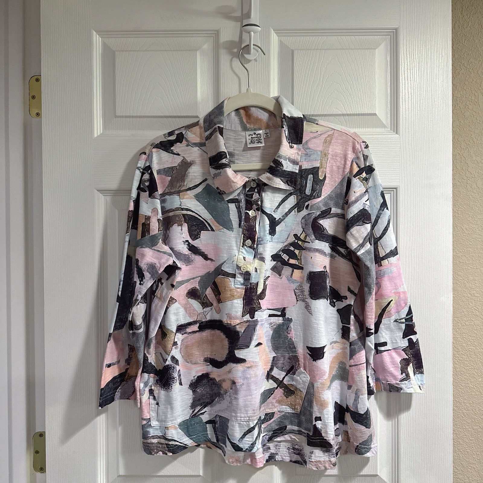 Parsley & Sage Size L Art to Wear Tunic Blouse Cotton Watercolor Print Pocket