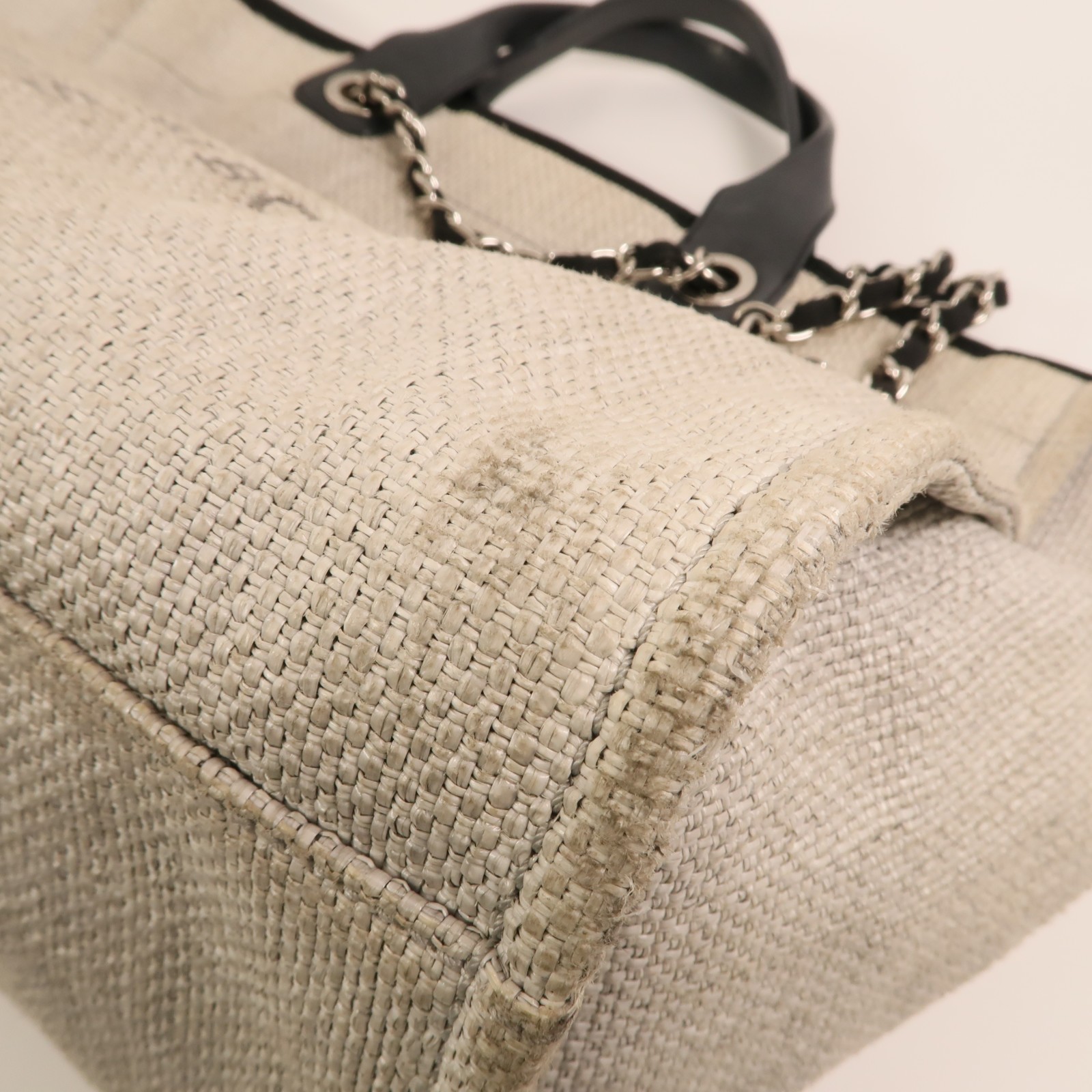 CHANEL CC SHW Deauville Tote 2 Way Chain Shoulder Bag Canvas White