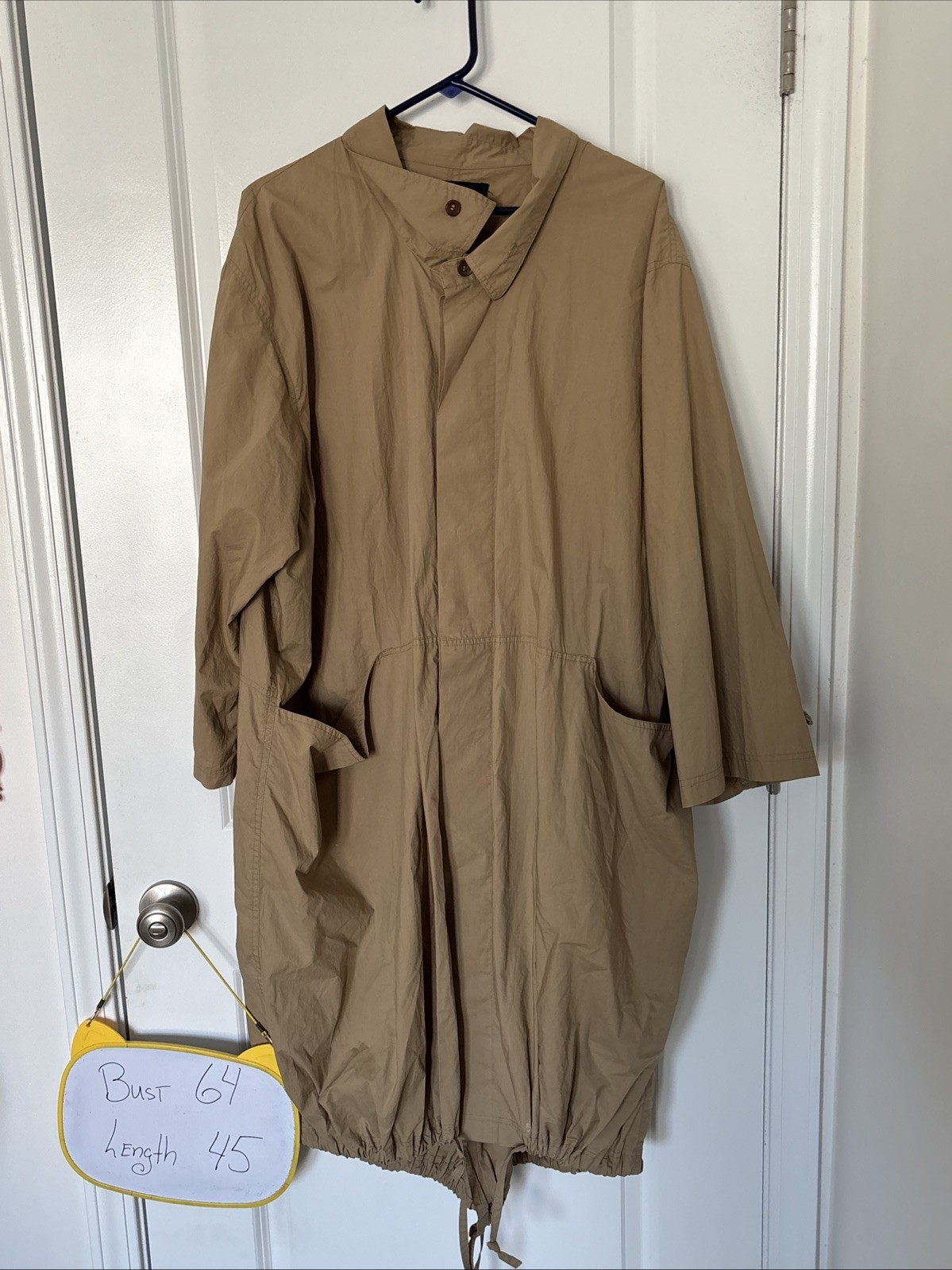 Moyuru Japan Khaki Cotton Coat One Size Drawstring Hem Pockets Button Front