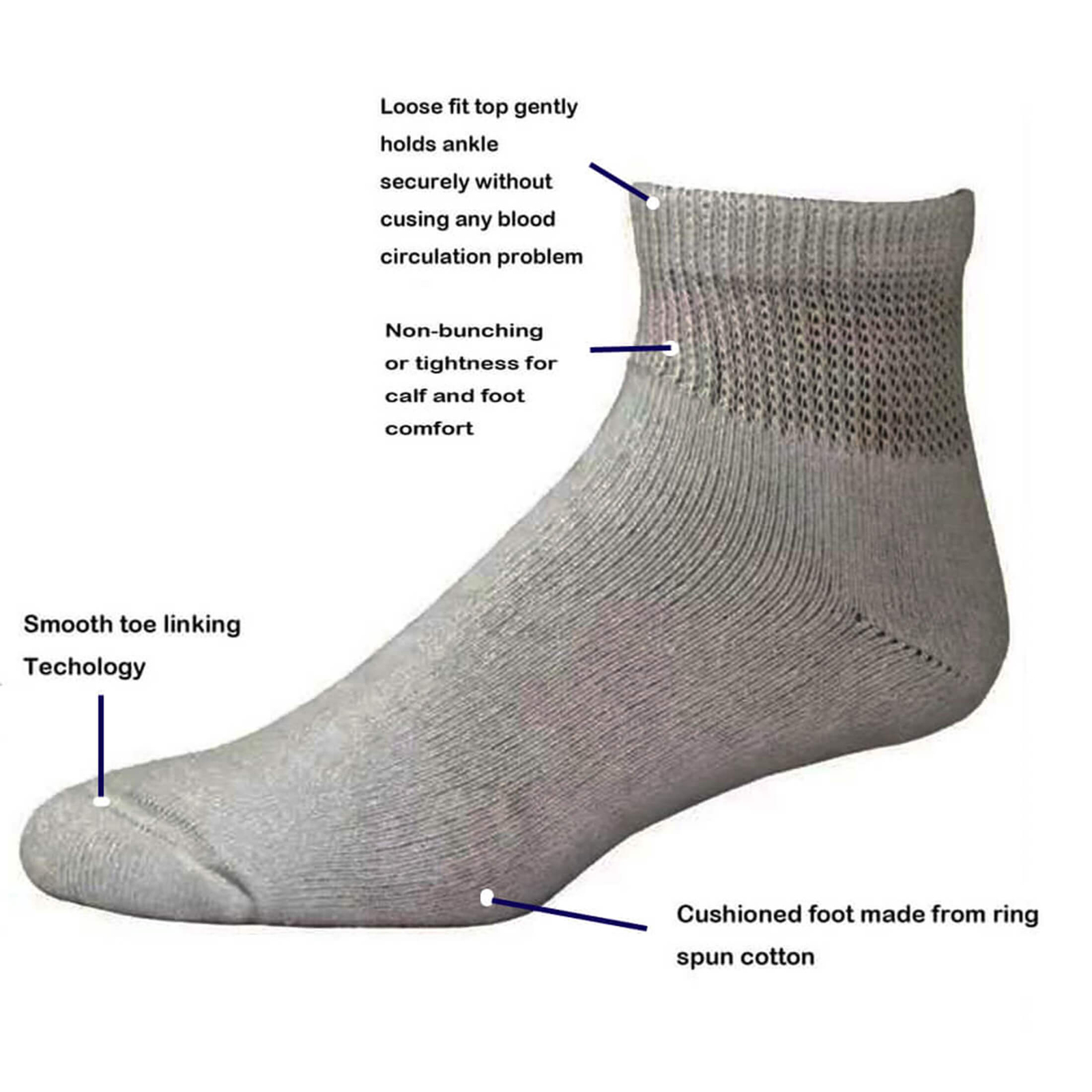 Mens Womens Diabetic Crew / Ankle Socks Cotton 6-Pack Non-Binding Cushion Sole