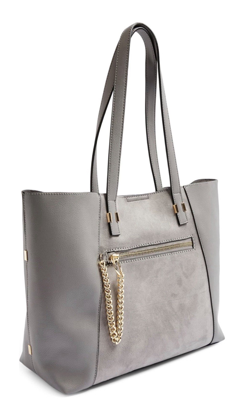 Topshop Coast Grey Suedette & PU Mix Shopper Tote Front Zip Gold Tone Chain VGC