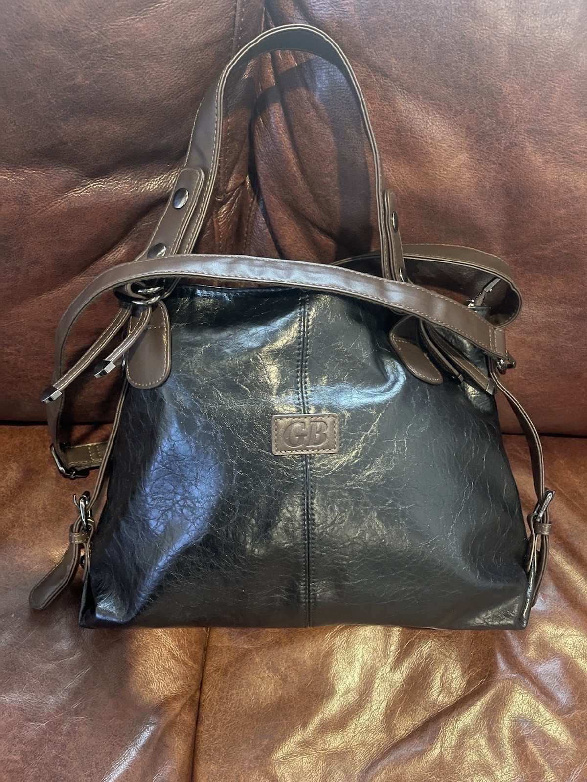 G.B. Black Satchel Top Handle Bag, Detachable Strap, Silver Hardware, Zip